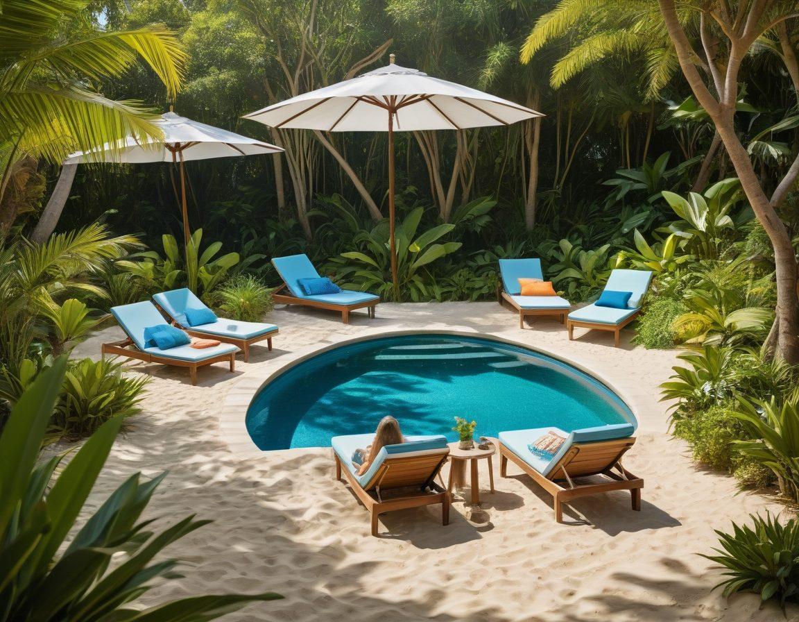 A serene beach scene featuring a diverse group of individuals enjoying the sun, wearing colorful eco-friendly thong swimsuits made from sustainable materials. The background showcases lush greenery and clear blue waters, with light rays filtering through the trees, emphasizing a connection with nature. Include elements like beach accessories made from recycled items and a soft sandy shore. sunlit, vibrant colors, realistic. natural background.