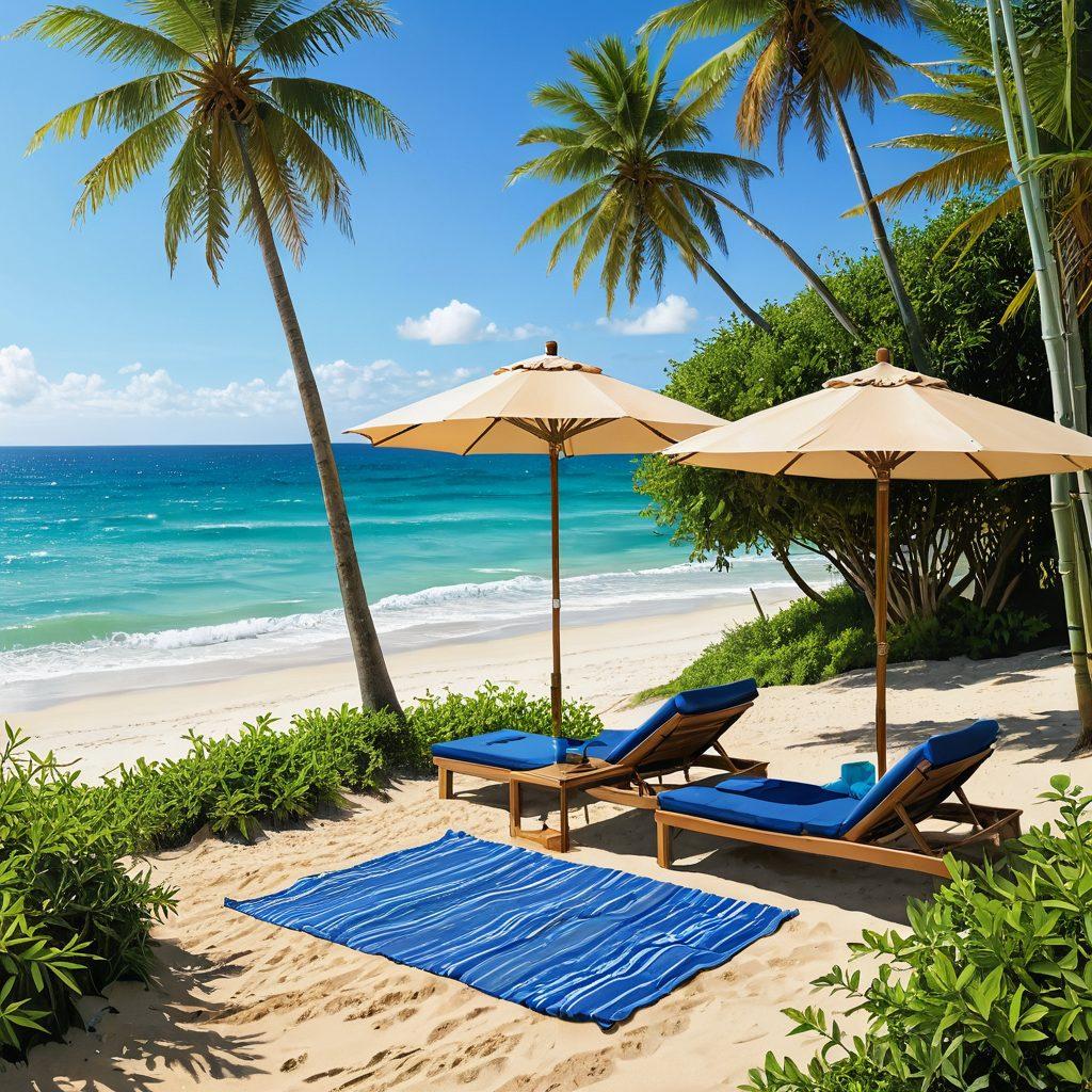 A serene beach scene featuring diverse eco-friendly beach items like bamboo towels, solar-powered umbrellas, and biodegradable sunblock on a soft sandy shore. Refreshing waves softly crash in the background, highlighting a vibrant blue ocean under a bright sun. Include stylish sunbathers wearing sustainable swimwear, surrounded by lush green plants and natural elements, conveying a sense of harmony with nature. watercolor painting. vibrant colors. airy and light atmosphere.
